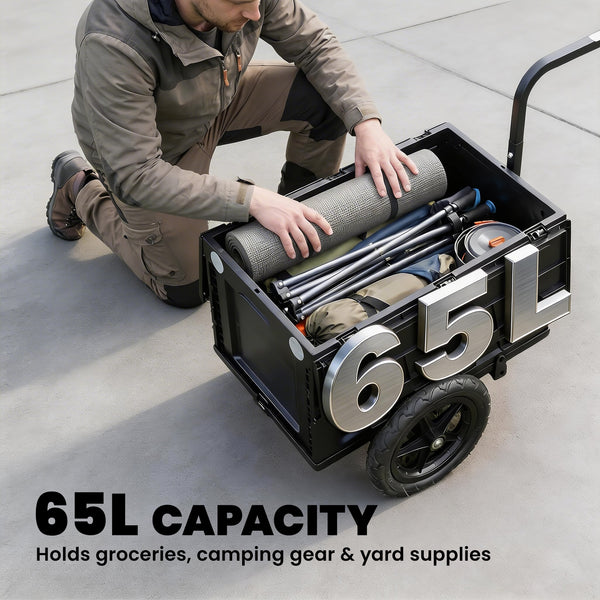 Bicycle trailer with foldable storage box and lid, quick-release wheels, reflective stickers, and safety flag