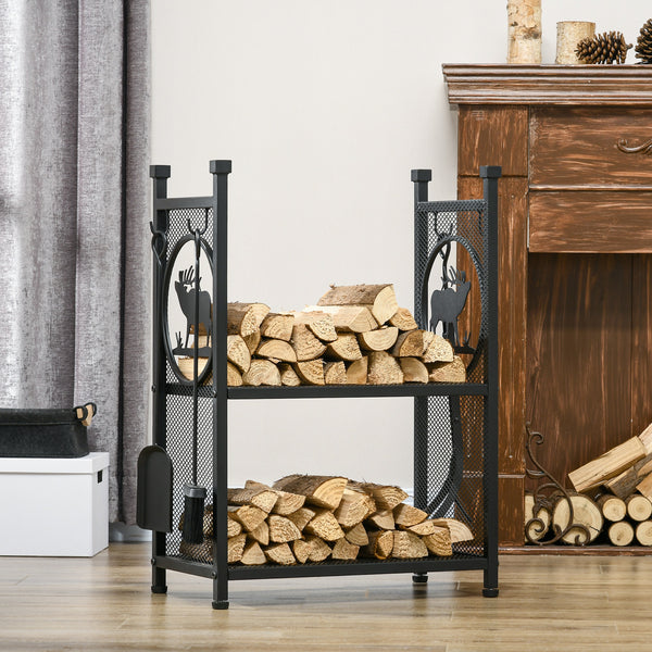 2-tier log rack with 4 accessories black