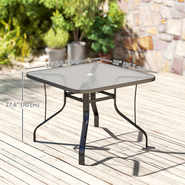 Tempered Glass Square Patio Dining Table w/ 2.1" Umbrella Hole for Garden, Balcony, Backyard, 38" x 38" x 28"