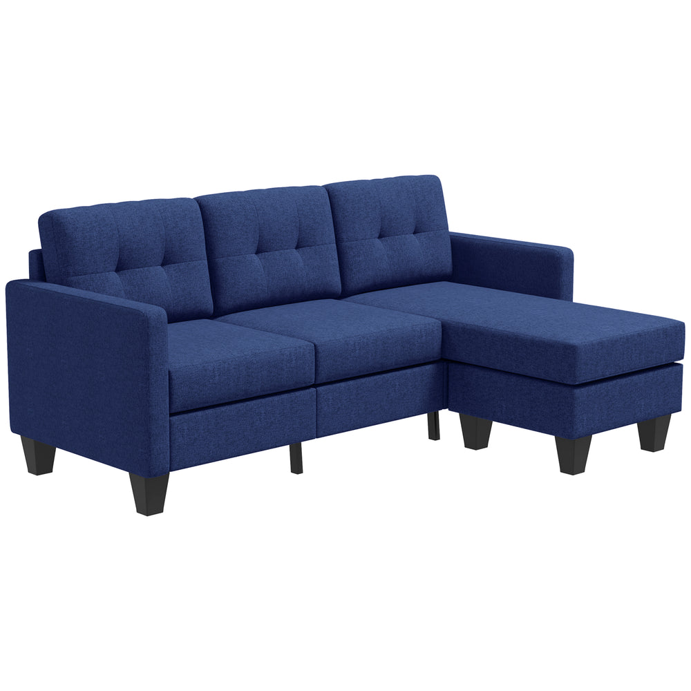 3-seater L-shaped corner sofa with ottoman, thick cushion and wooden legs, dark blue