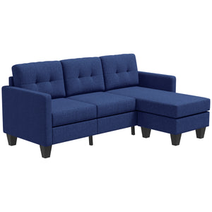 3-seater L-shaped corner sofa with ottoman, thick cushion and wooden legs, dark blue