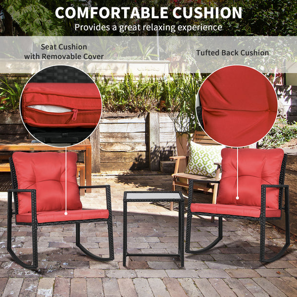 3-piece bistro set in woven resin with coffee table and rocking chairs, red
