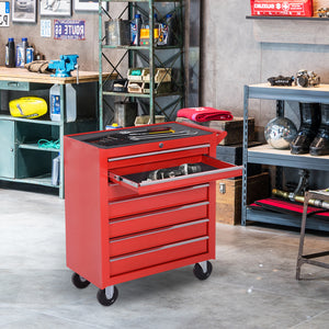 Mobile tool chest with 7 lockable drawers and handle, red.