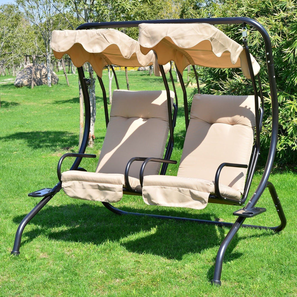 Deluxe Outdoor Metal Swing 2 Seater Separate with Canopy and Cushions - Beige