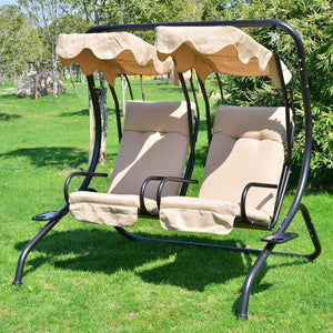 Deluxe Outdoor Metal Swing 2 Seater Separate with Canopy and Cushions - Beige