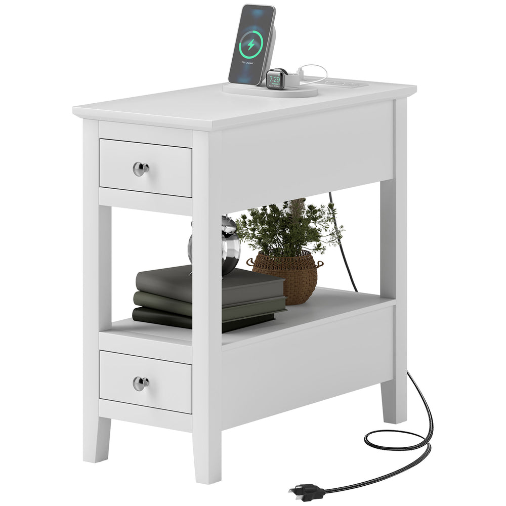 Narrow side table with charging station and USB ports, white