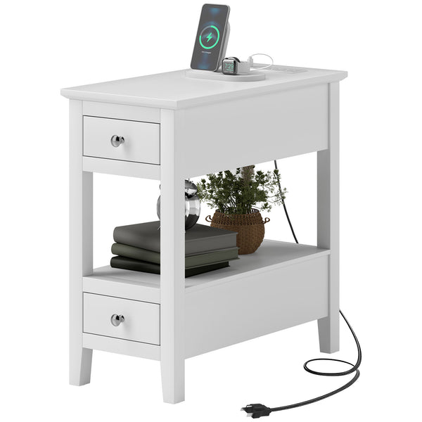 Narrow side table with charging station and USB ports, white
