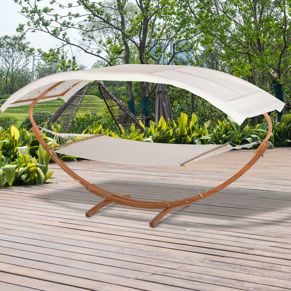 2-person hammock bed and stand set with wooden canopy, white/teak