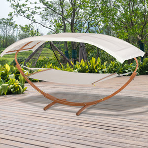 2-person hammock bed and stand set with wooden canopy, white/teak