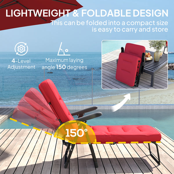 Folding lounge chair with cushion, adjustable backrest with footrest, burgundy 