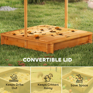 Wooden sandbox with cover, folding benches and adjustable canopy