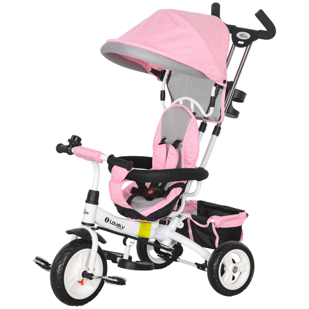 6 in 1 Tricycle with Basket, Canopy, 5-Point Safety Harness, Pink