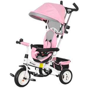 6 in 1 Tricycle with Basket, Canopy, 5-Point Safety Harness, Pink