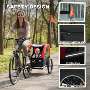 Child bike trailer with 5-point harness, 16-inch rubber wheels, storage bag, from 18 months, red.