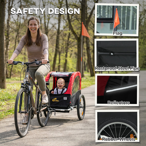 Child bike trailer with 5-point harness, 16-inch rubber wheels, storage bag, from 18 months, red.