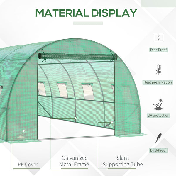 Tunnel greenhouse with roll-up zippered door, 8 mesh windows, green