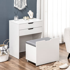 Dressing table set with folding mirror, stool and 7 compartments, white 