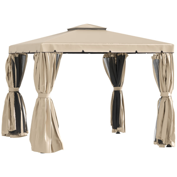 10 x 10 gazebo with pretty curtains and mesh blinds, beige