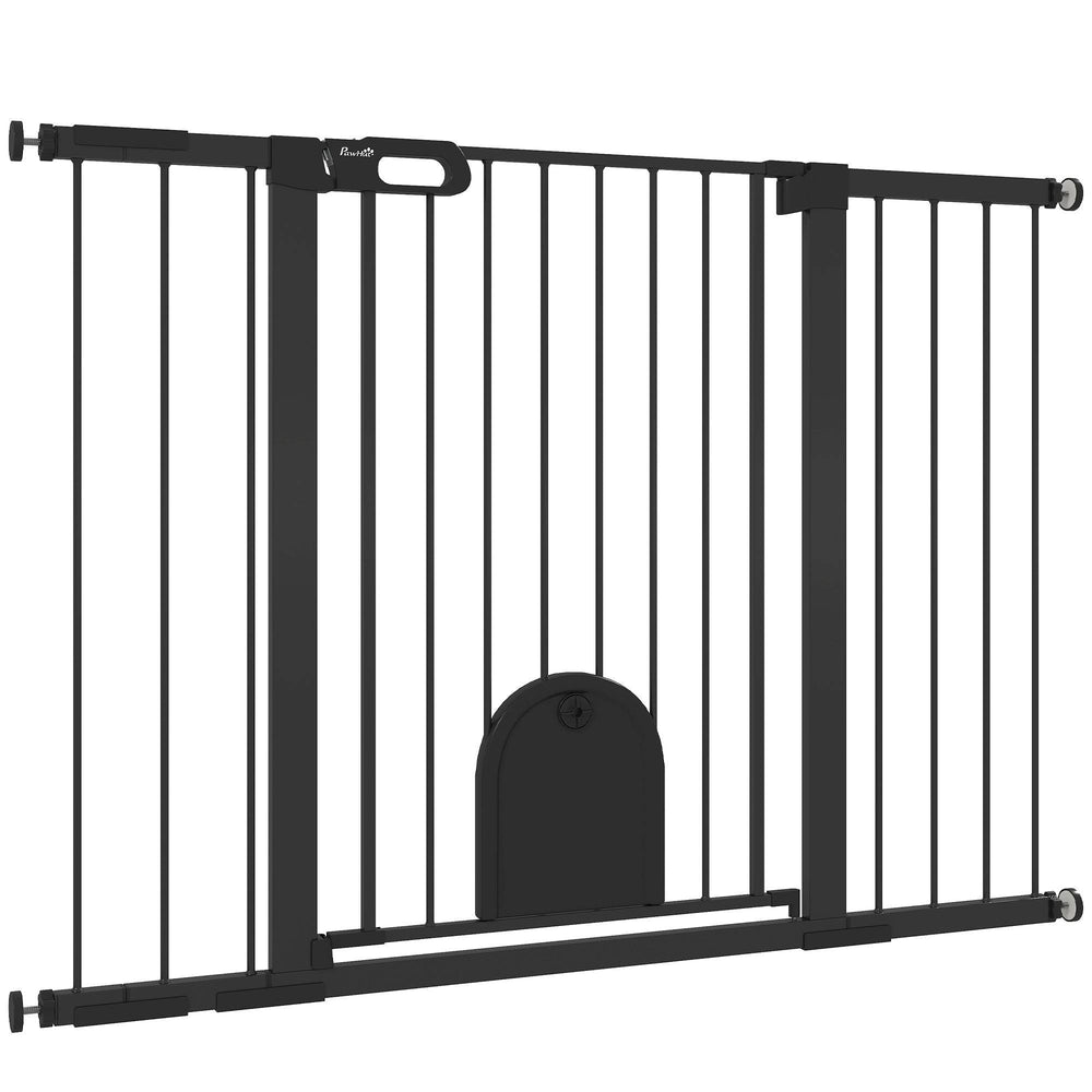 Extra Wide Pet Gate for 30-52" Pets with Small Door, Pressure Mount for Stairs, Black