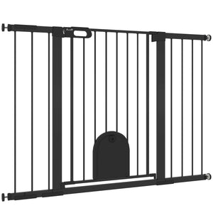 Extra Wide Pet Gate for 30-52" Pets with Small Door, Pressure Mount for Stairs, Black