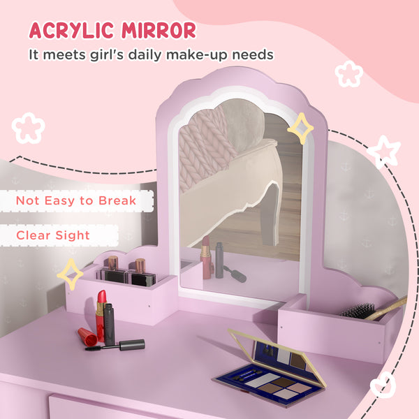 Dressing table with mirror and stool, drawer and storage - pink 