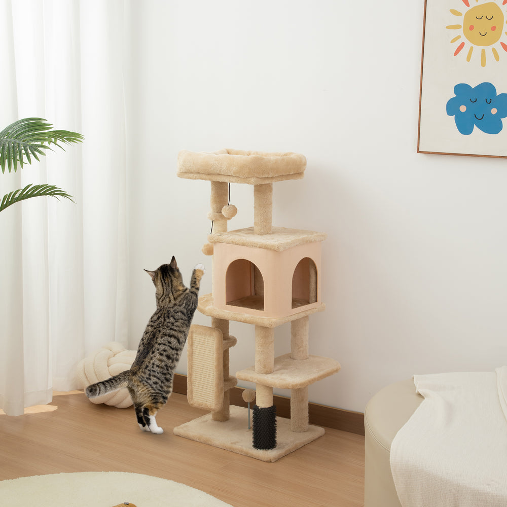 104cm Cat Tree with Scratching Posts, Basket, Hideaway and Jumping Platforms, Beige