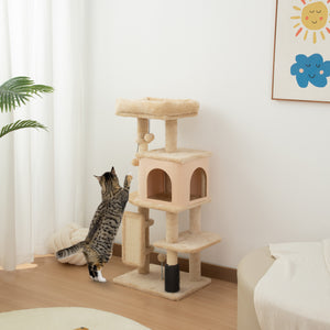 104cm Cat Tree with Scratching Posts, Basket, Hideaway and Jumping Platforms, Beige