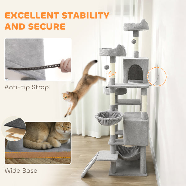 Large 193 cm cat tree with 8 scratching posts, 3 soft beds, 2 hammocks, 2 large shelters and a ramp, light grey