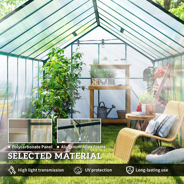 Green aluminum and polycarbonate garden greenhouse