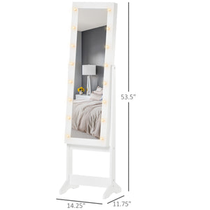 Freestanding jewelry cabinet with illuminated mirror, adjustable angle and 16 LEDs, warm white