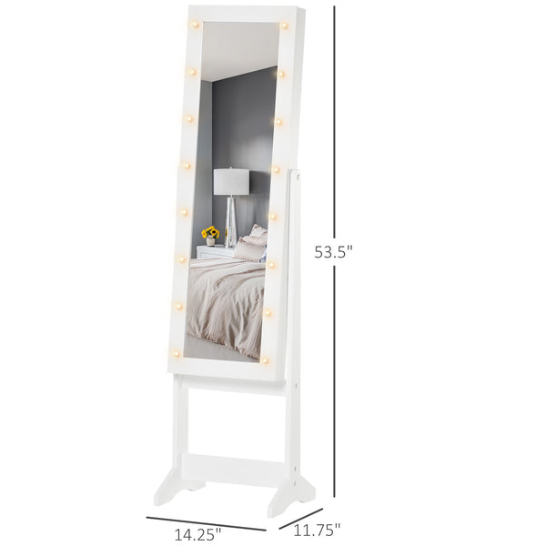 Freestanding jewelry cabinet with illuminated mirror, adjustable angle and 16 LEDs, warm white
