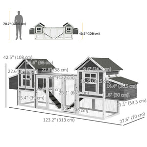 Extra Large 123" Wooden Chicken Coop with Ramps and Nesting Boxes, Grey