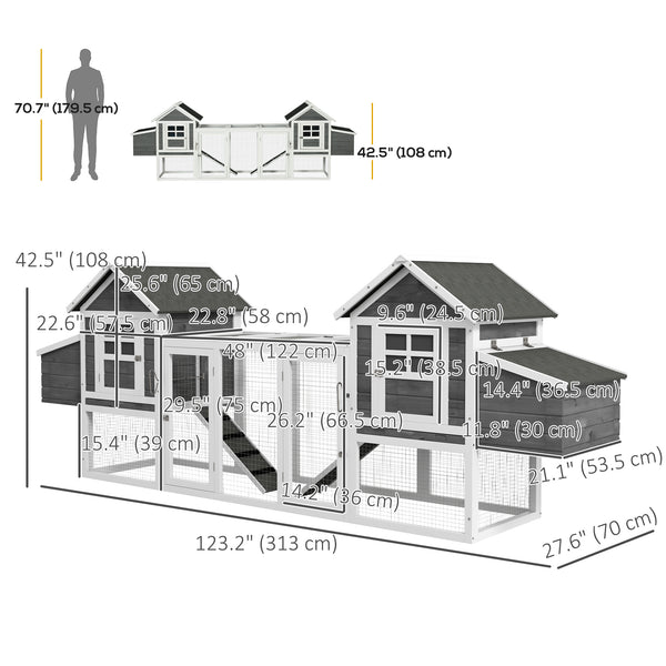 Extra Large 123" Wooden Chicken Coop with Ramps and Nesting Boxes, Grey