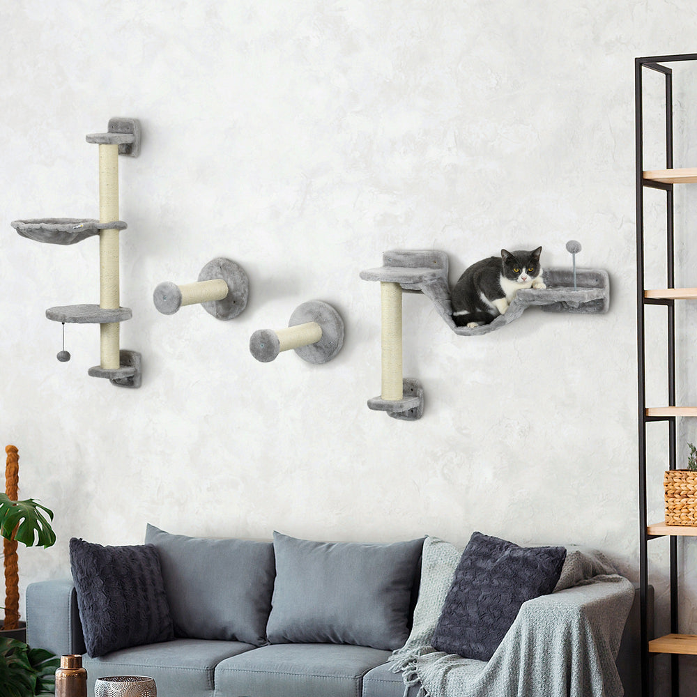 Wall-mounted cat shelves with hammock, scratching post, ladder and balls, grey