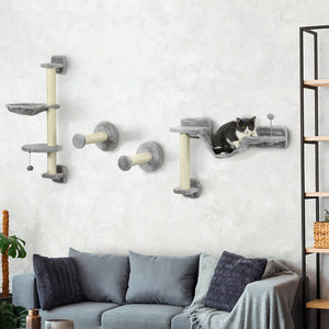 Wall-mounted cat shelves with hammock, scratching post, ladder and balls, grey