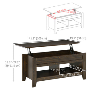 Lift-top coffee table with hidden storage and open shelves, dark walnut