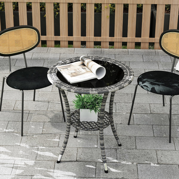 Outdoor rattan dining table with 2-tier storage shelf, grey