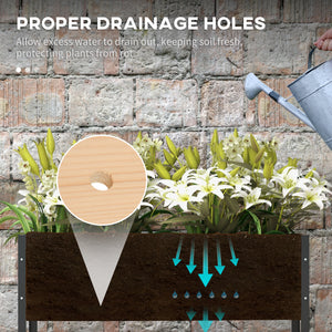 Raised wooden planter with casters, metal legs, drainage holes and planter liner