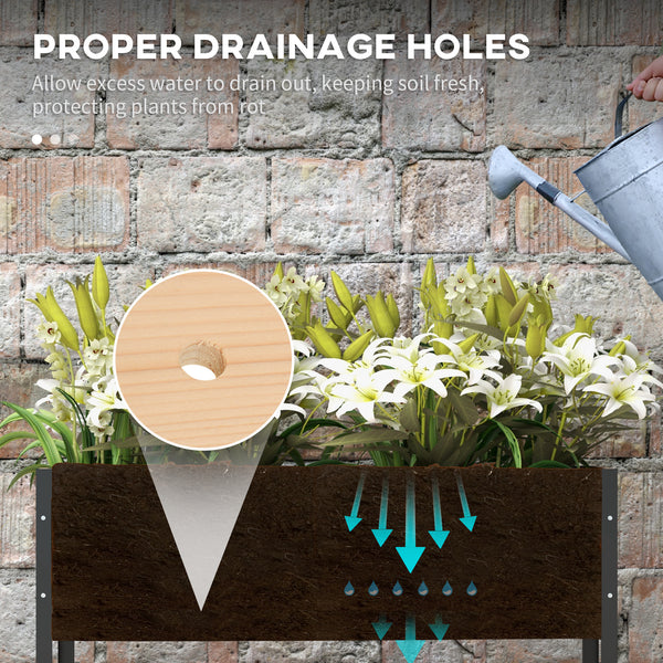Raised wooden planter with casters, metal legs, drainage holes and planter liner
