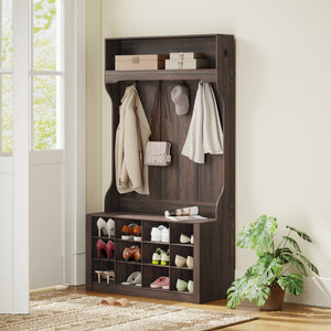 4-in-1 Hallway Unit with Bench and Shoe Rack, Dark Brown 