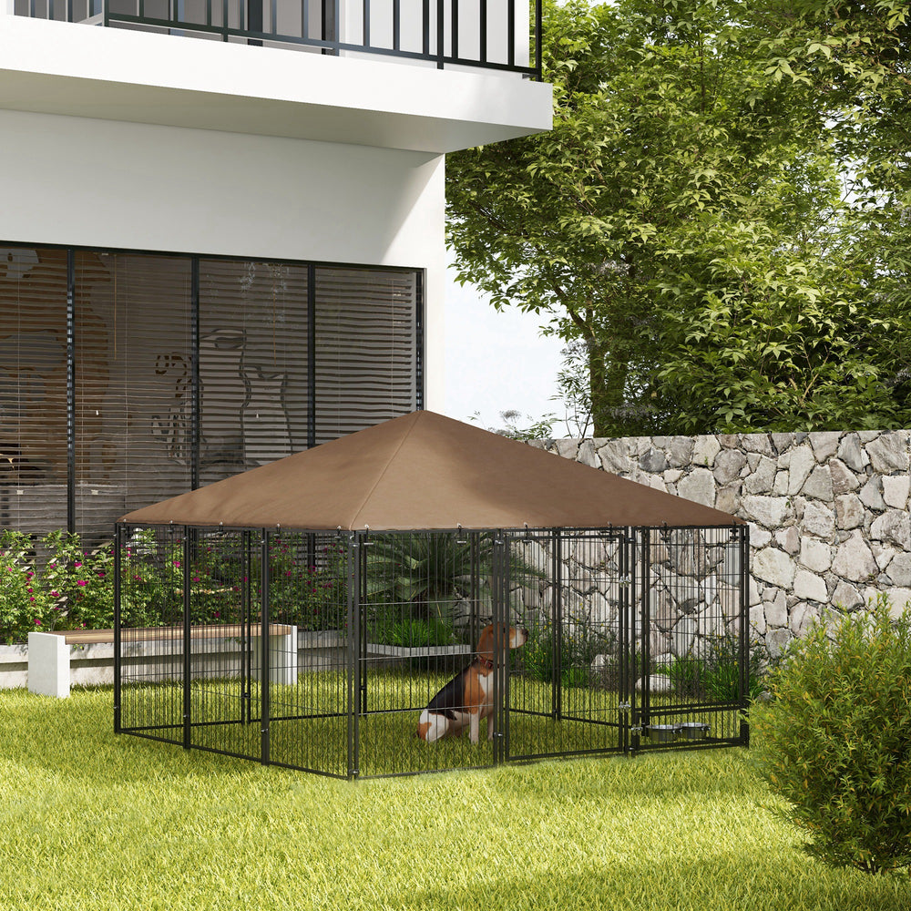 Enclosure with awning and rotating bowls, coffee color