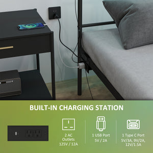 Queen Size Bed Frame with LED Lighting and Charging Station, Black