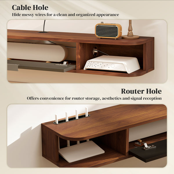 47" Floating Wall Mounted TV Stand with Drop-Down Drawer and 2 Open Shelves, Walnut
