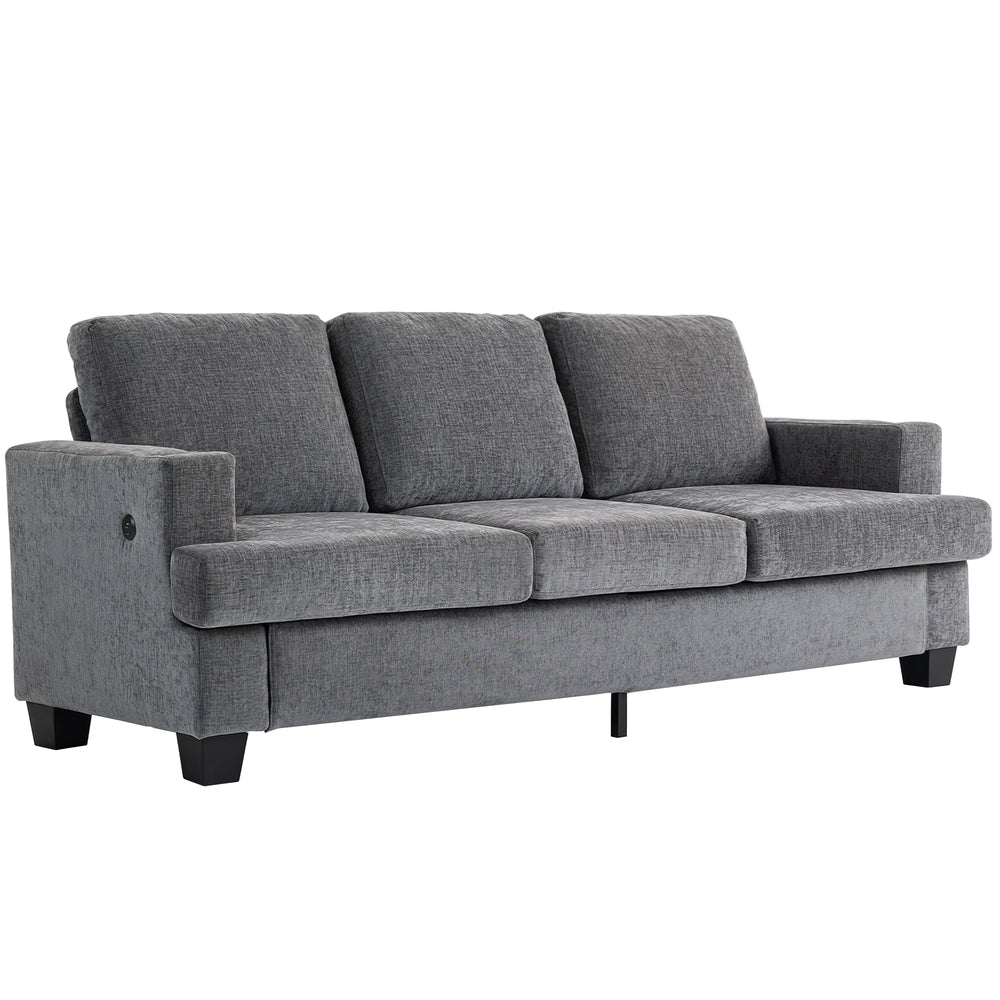 3-seater sofa with USB ports and cup holders, gray
