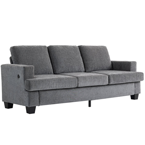 3-seater sofa with USB ports and cup holders, gray