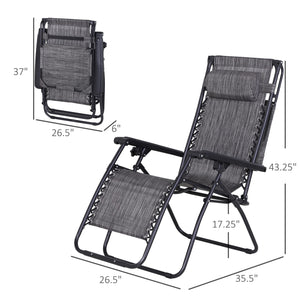 Set of 2 Outdoor Zero Gravity Chairs with Side Tray and Cup Holder, Reclining Lounge Chair with Breathable Mesh Fabric Seat, Pillow, Dark Grey