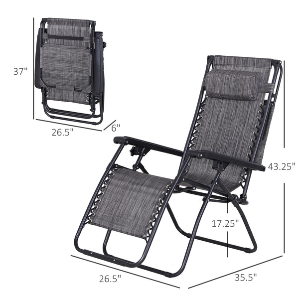 Set of 2 Outdoor Zero Gravity Chairs with Side Tray and Cup Holder, Reclining Lounge Chair with Breathable Mesh Fabric Seat, Pillow, Dark Grey