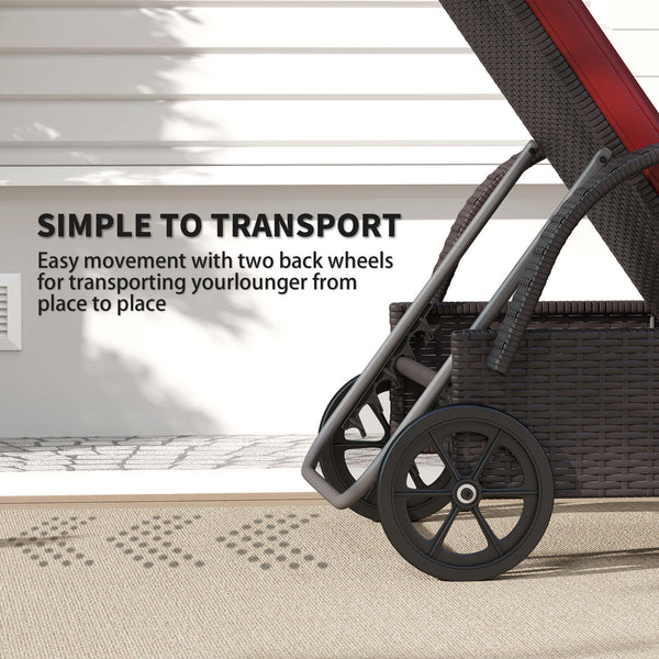 Chaise longue with headrest, 5-level adjustable, backrest, casters, deep coffee and wine red