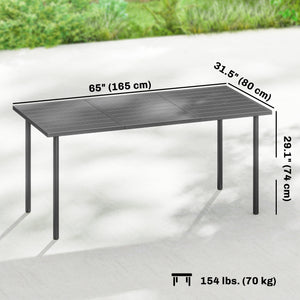 Outdoor dining table for 6 people, made of metal with a slatted top.
