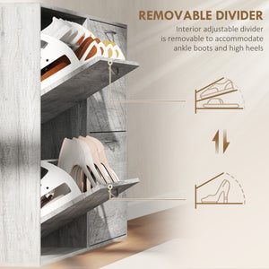 Shoe cabinet with 4 drop-down drawers, holding 12 pairs of shoes, grey